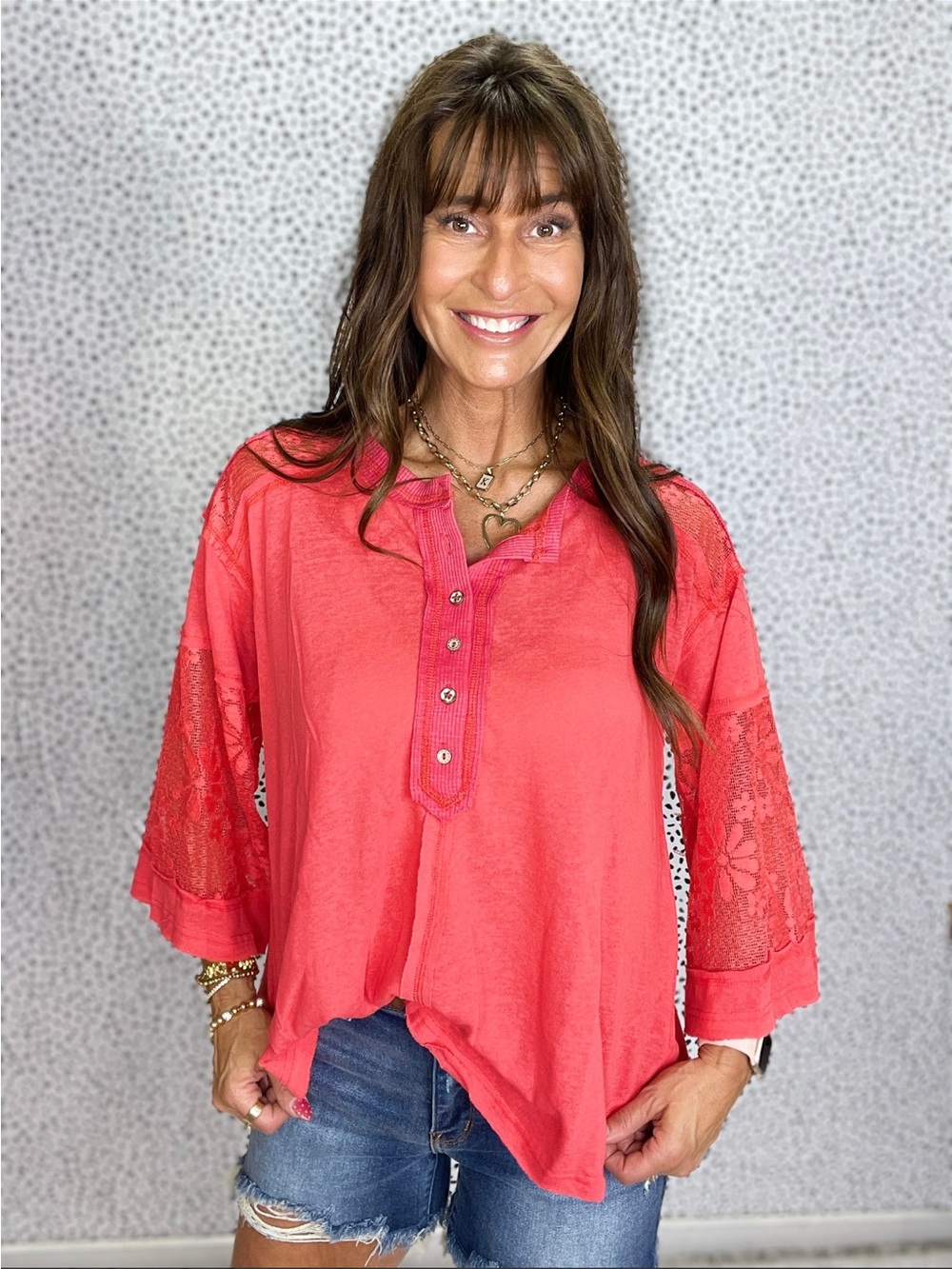 POL Coral Lace-Sleeve Henley Tunic